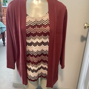 Alfred Dunner Brick Red Open-Front Cardigan with Chevron Tank